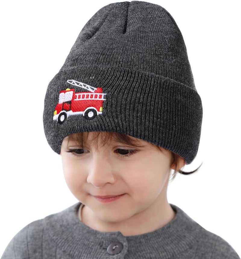 KDVOG Store Kids Knit Beanie Cute Fire Trucks Embroidery Warm Cuffed Skull Caps Classic Autumn Winter Hats for Boys Girls 3-8 Years - Image 2